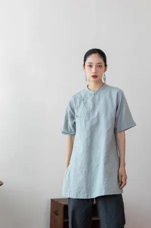 Simple Cheongsam Long Shirt in Bluish Grey