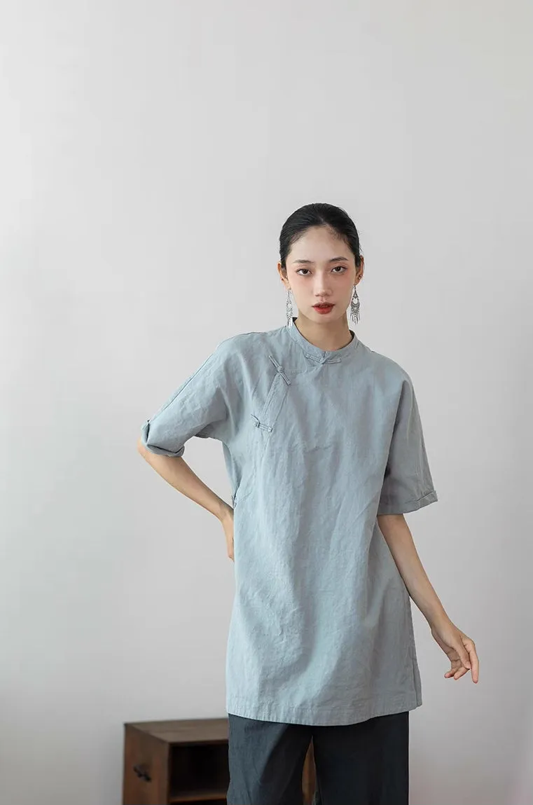 Simple Cheongsam Long Shirt in Bluish Grey