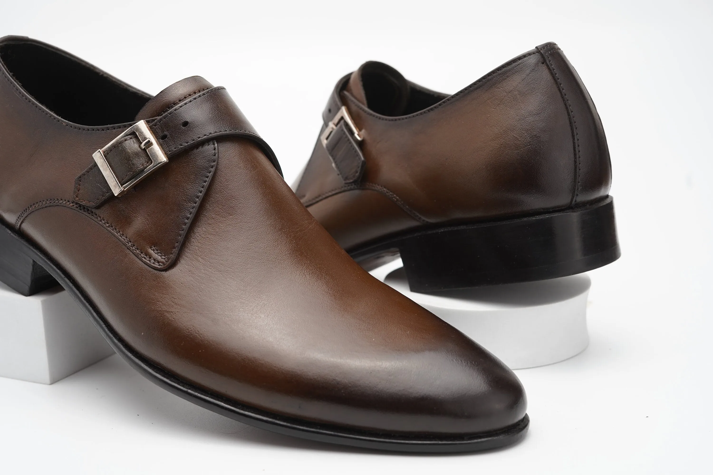 Single buckle monk Strap with Hand burnished Brown shade Made of full grain natural crust leather