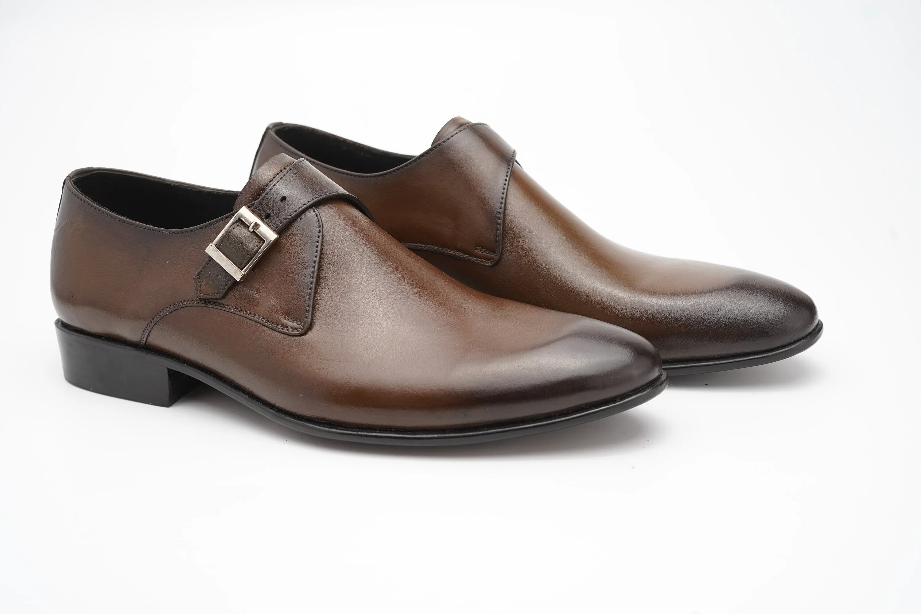 Single buckle monk Strap with Hand burnished Brown shade Made of full grain natural crust leather