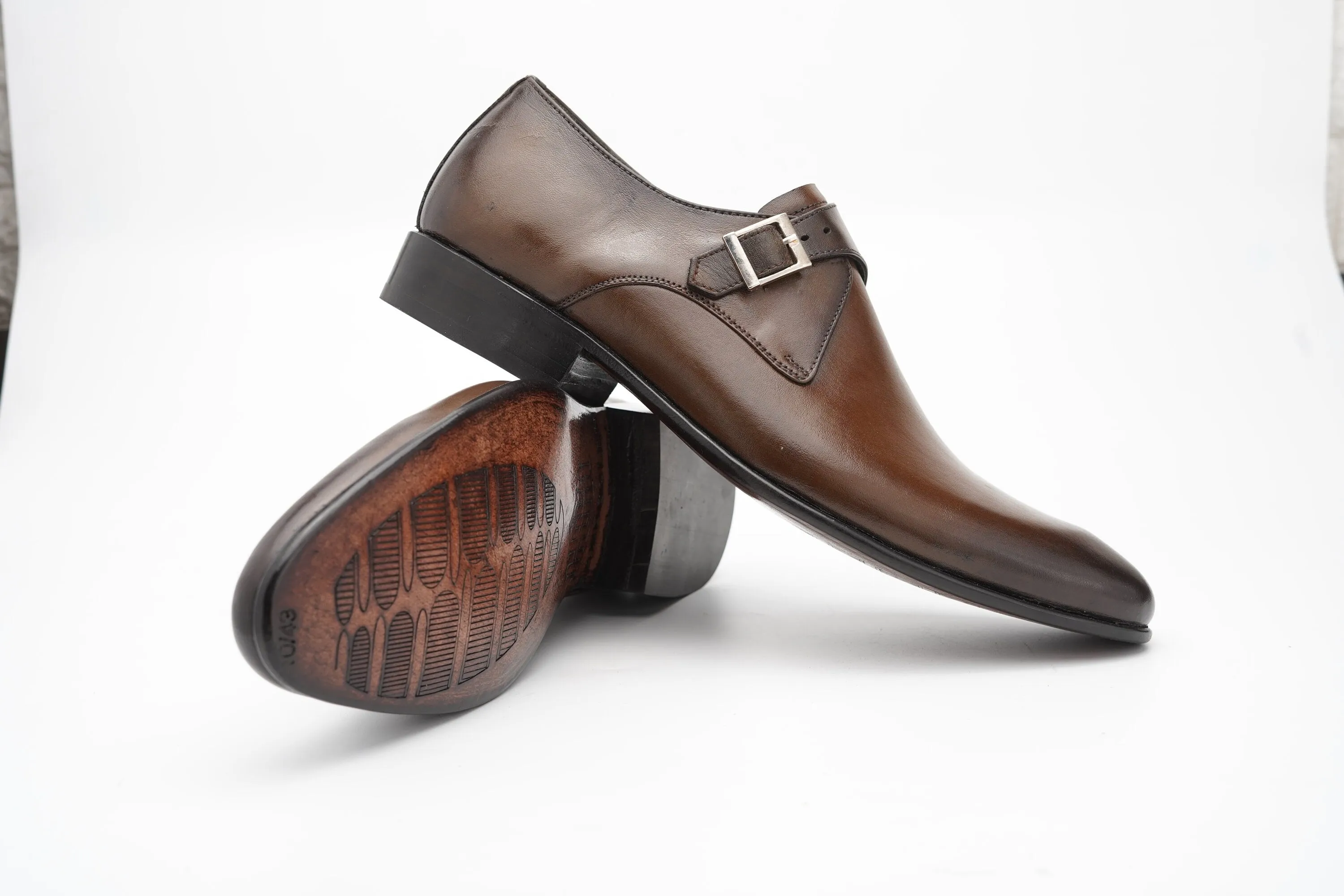 Single buckle monk Strap with Hand burnished Brown shade Made of full grain natural crust leather