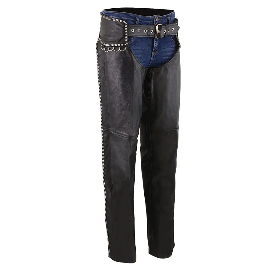 Women’s Leather Chaps w/Rhinestone Bling Details & D-Ring Accents